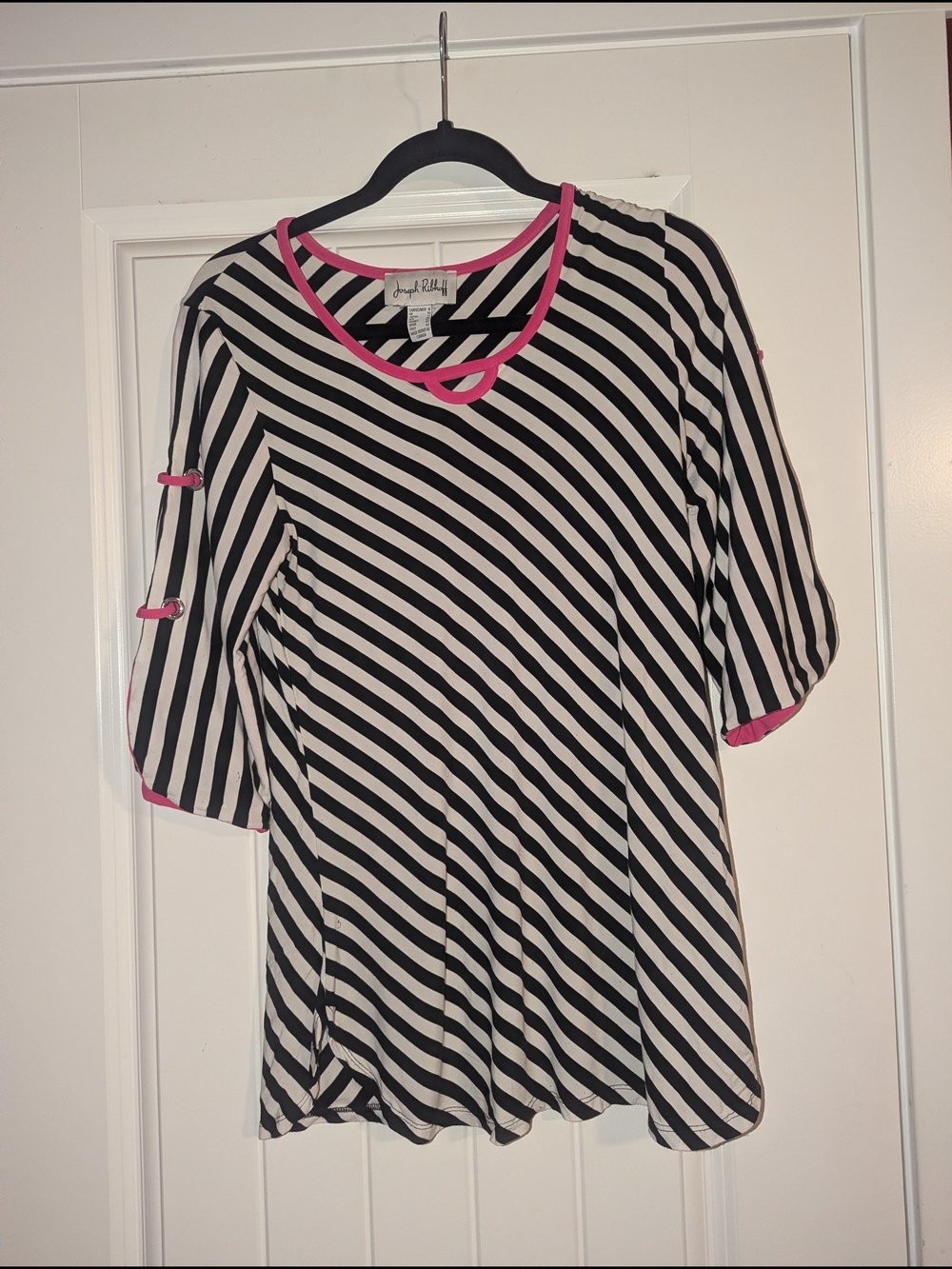 Joseph Ribkoff Black & White Striped Top with Pink Trim